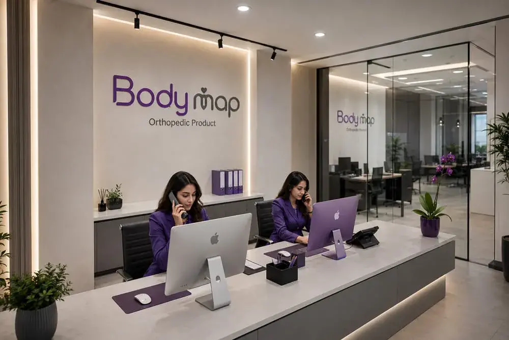 Two people at a reception desk answering telephone calls, with the Bodymap wordmark on the wall behind them.