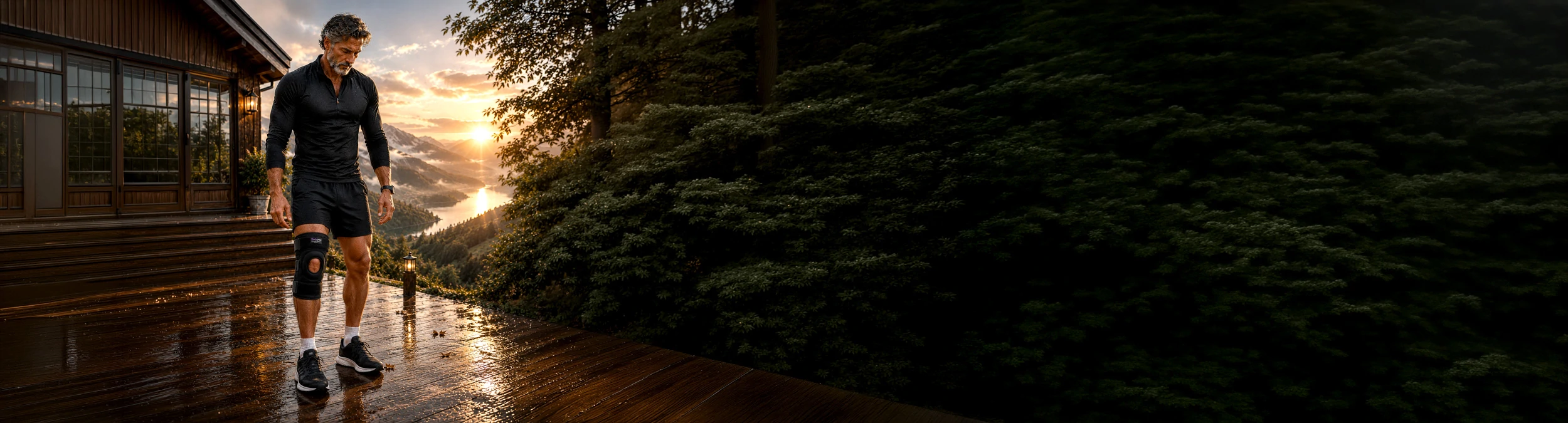 A man wearing a Bodymap knee support, walking on a wooden deck