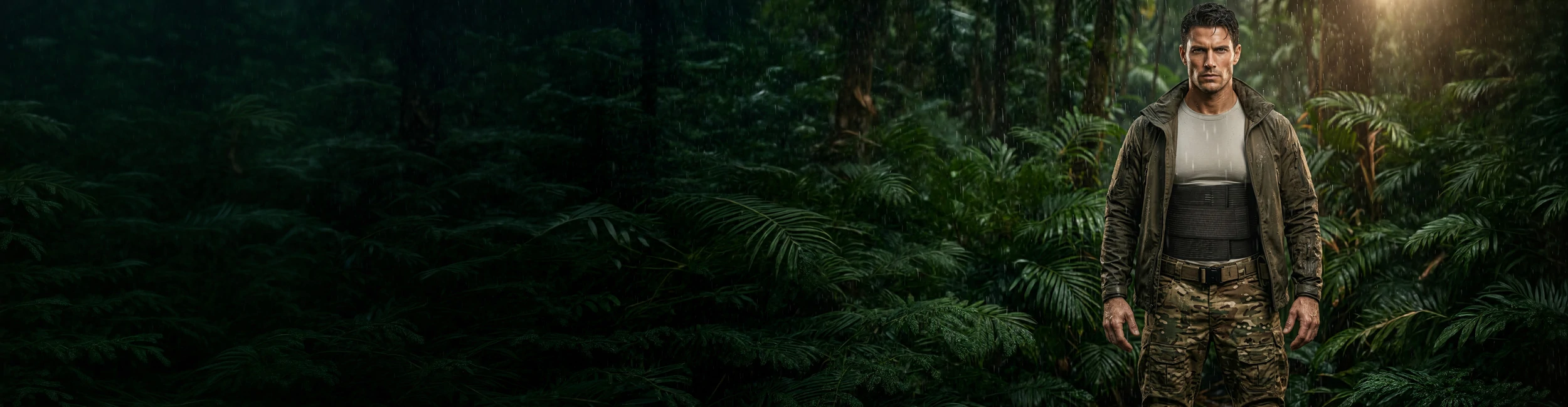 A man wearing a Bodymap lumbar support belt, standing in dense forest