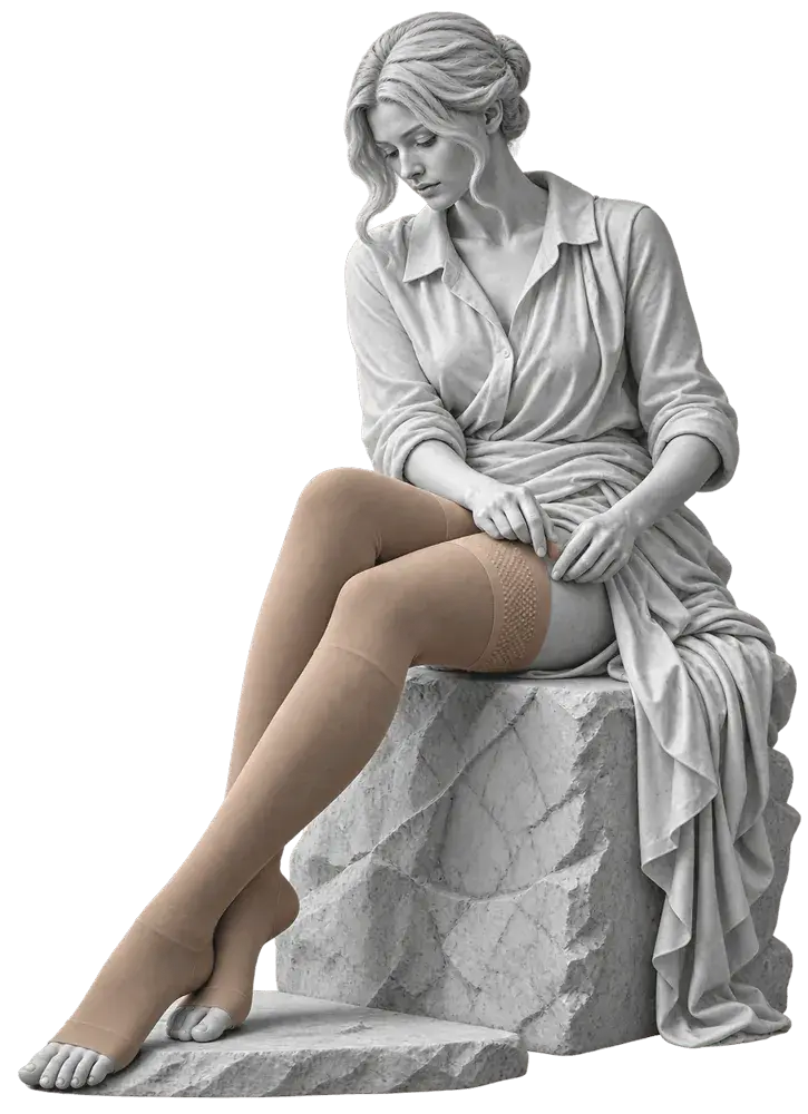 A seated stone statue wearing open-toe thigh-high compression stockings with a patterned silicone top band.