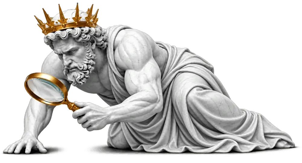 A classical statue searching with a magnifying glass