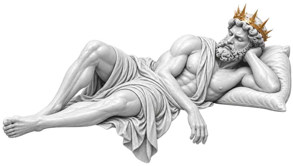 A classical marble statue reclining on a pillow, wearing a golden crown