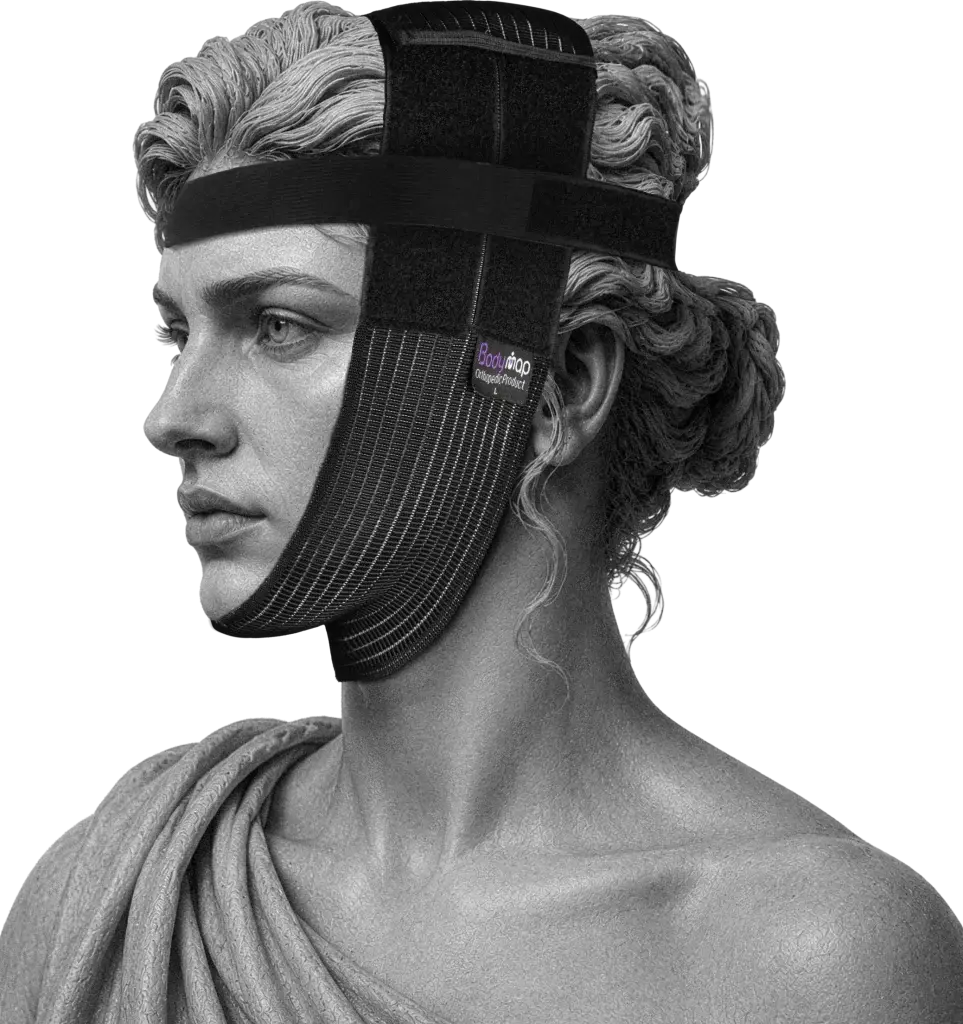 Bodymap Chin & Jaw Support Strap worn on a classical statue