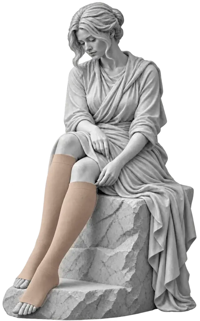 Bodymap Class 2 Below-Knee Compression Stockings (AD) worn on a classical statue