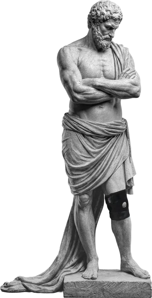 Bodymap Dual-Spring Knee Brace worn on a classical statue