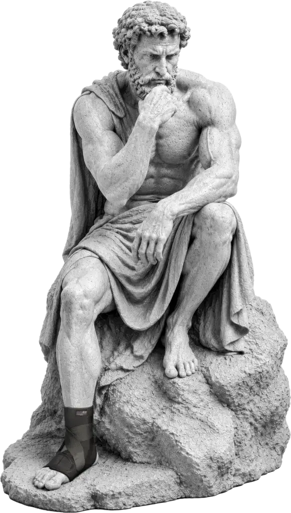 Bodymap Elastic Ankle Support worn on a classical statue