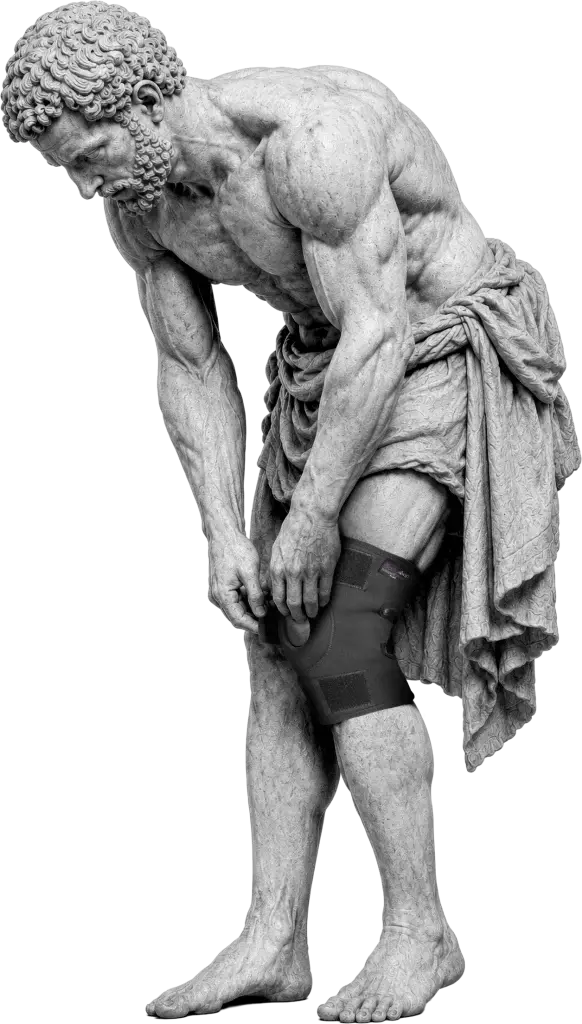 Bodymap Neoprene Knee Wrap worn on a classical statue