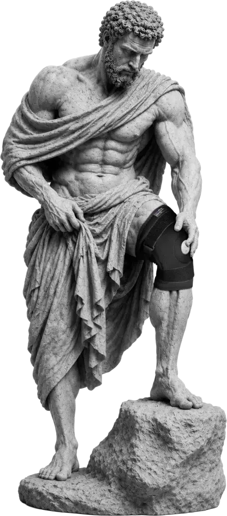 Bodymap Open-Patella Neoprene Knee Stabilizer worn on a classical statue