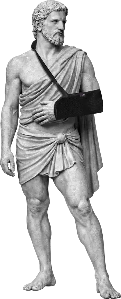 Bodymap Pouch Arm Sling worn on a classical statue