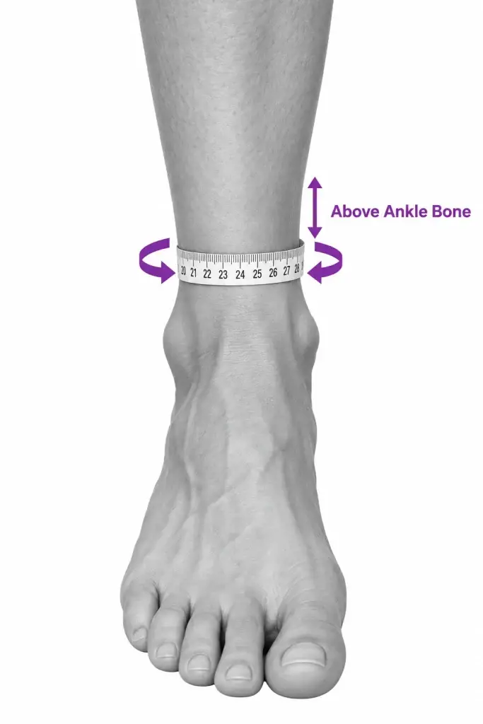 A measuring tape wrapped around the ankle just above the ankle bone