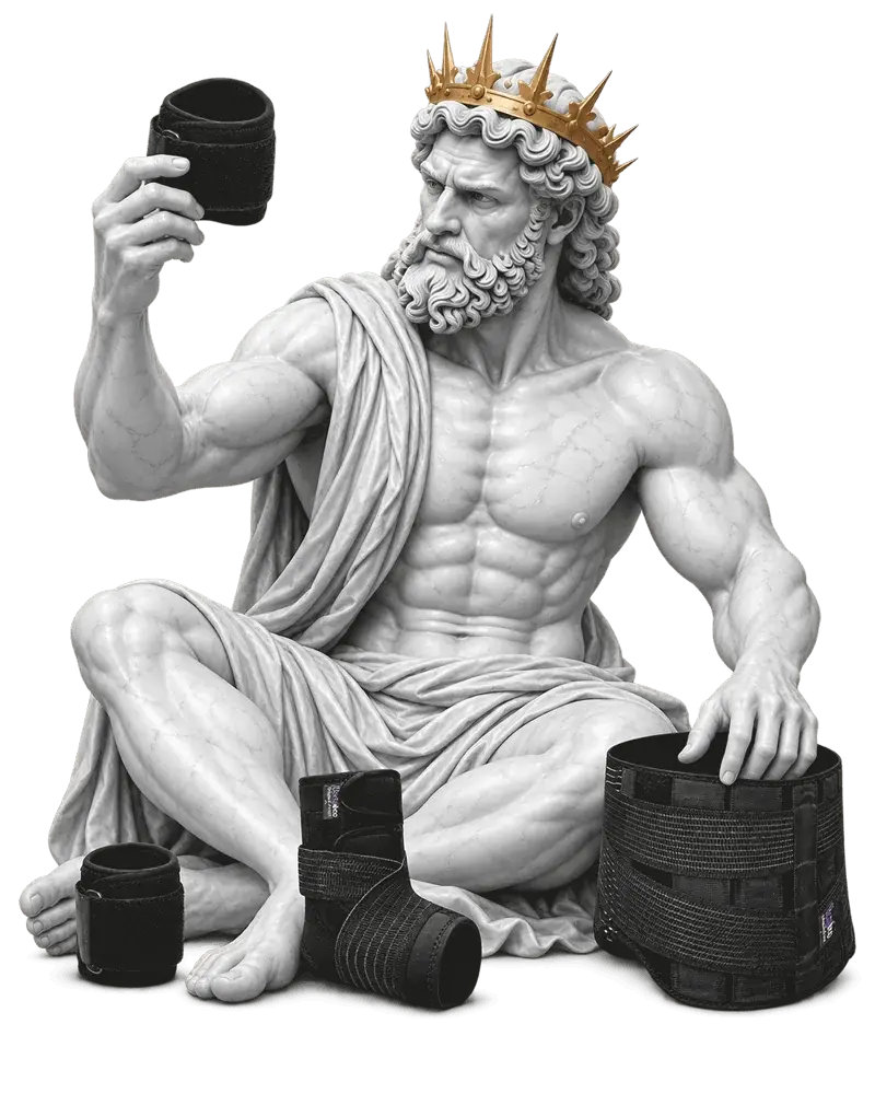 A classical statue seated among Bodymap knee supports