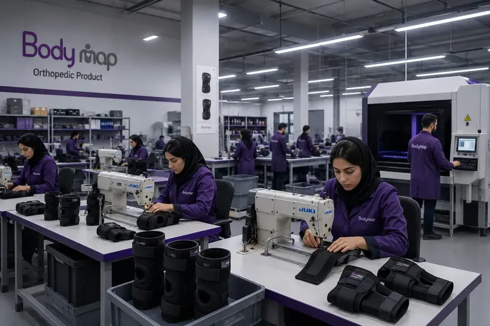 Machinists at industrial sewing machines assembling black knee and elbow supports, with a cutting machine at the far end of the hall.