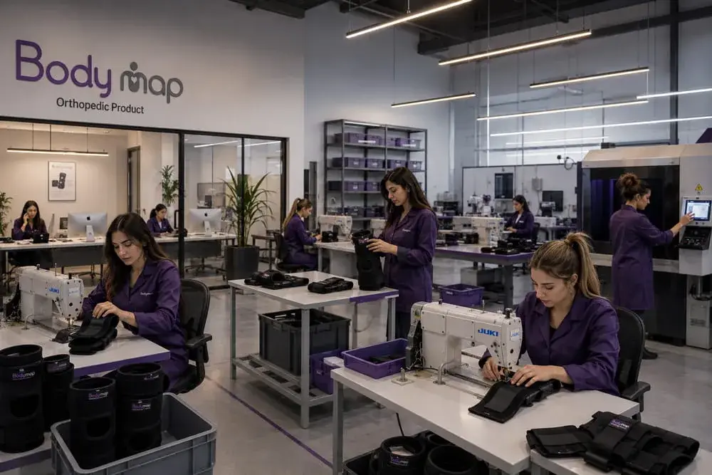 A production hall where finished supports are being inspected by hand while others are sewn at machines behind.