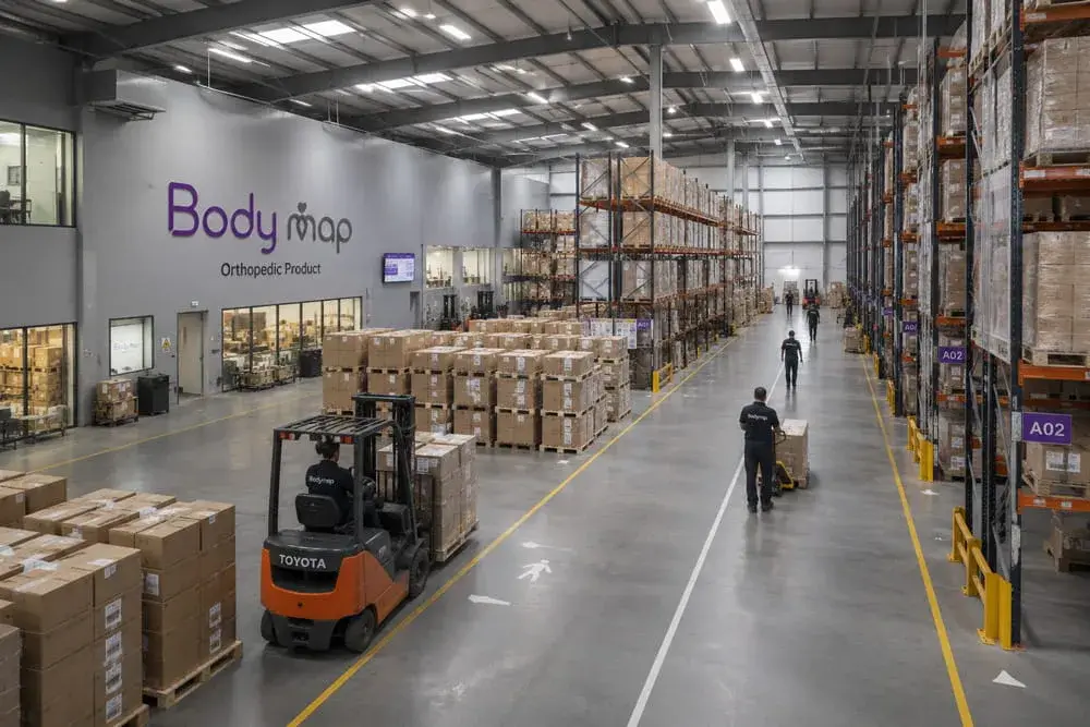 A warehouse aisle with pallet racking on both sides, a forklift moving stock and staff walking the aisle.