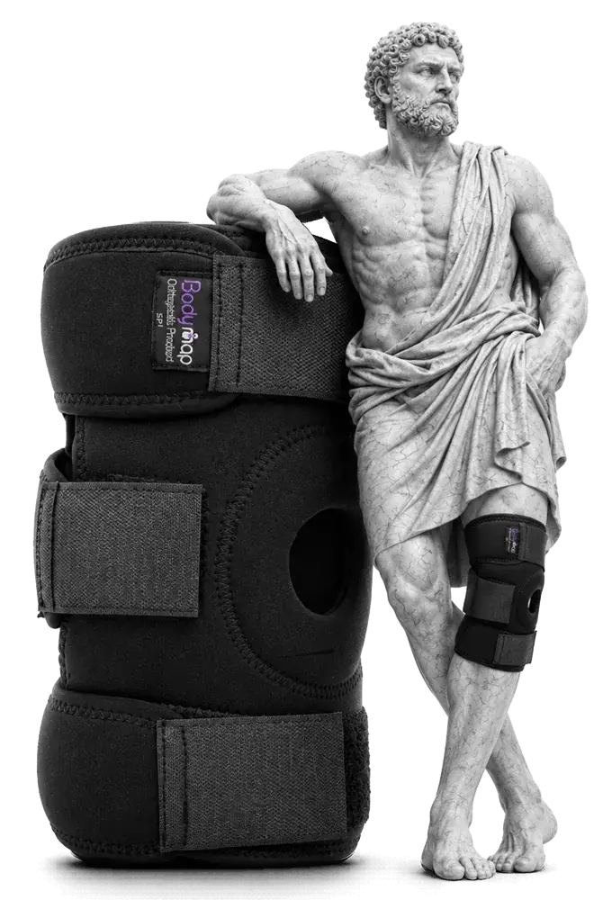 A classical statue beside a Bodymap hinged knee brace