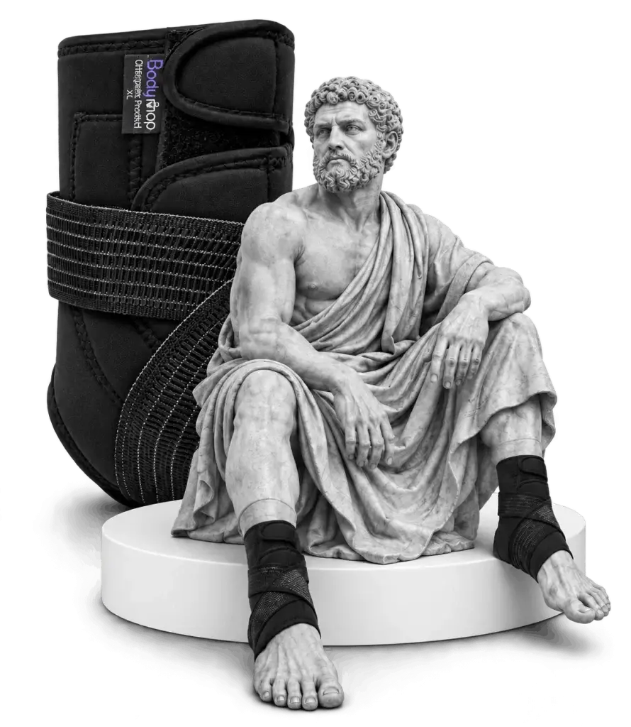 Classical statue seated beside a Bodymap ankle support