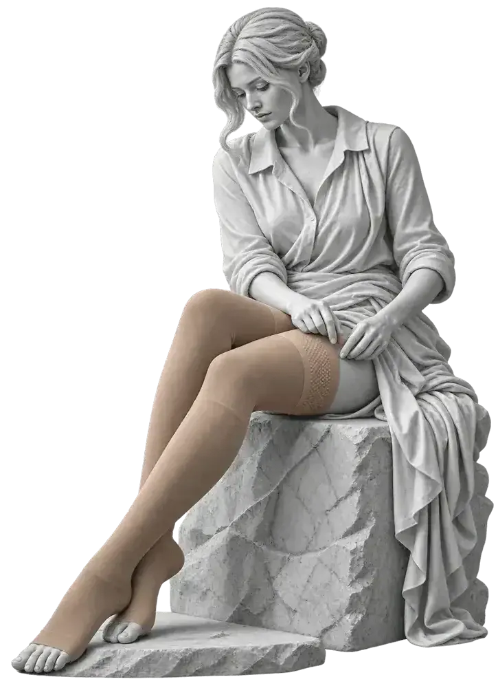 A seated stone statue wearing open-toe thigh-high compression stockings with a patterned silicone top band.