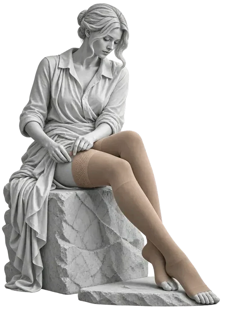 A seated stone statue wearing open-toe thigh-high compression stockings with a patterned silicone top band.