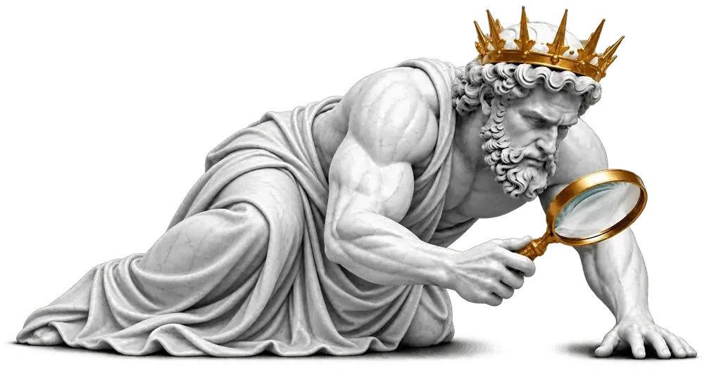 A classical statue searching with a magnifying glass