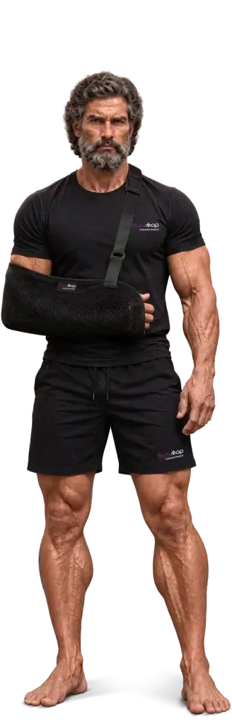 A man wearing a Bodymap arm sling