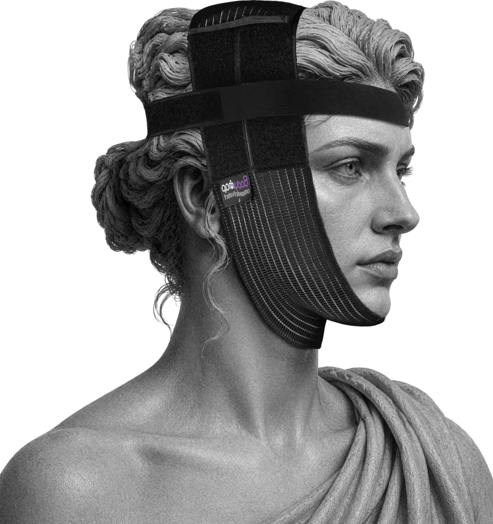 Bodymap Chin & Jaw Support Strap worn on a classical statue