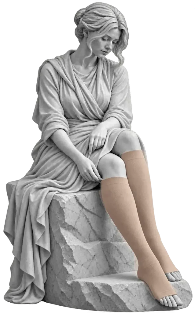 Bodymap Class 2 Below-Knee Compression Stockings (AD) worn on a classical statue