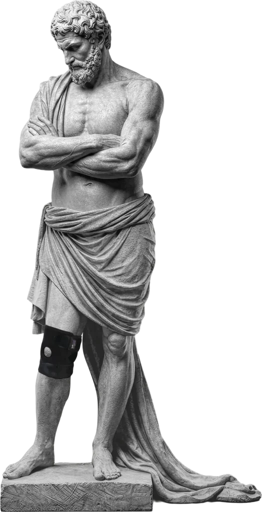 Bodymap Dual-Spring Knee Brace worn on a classical statue