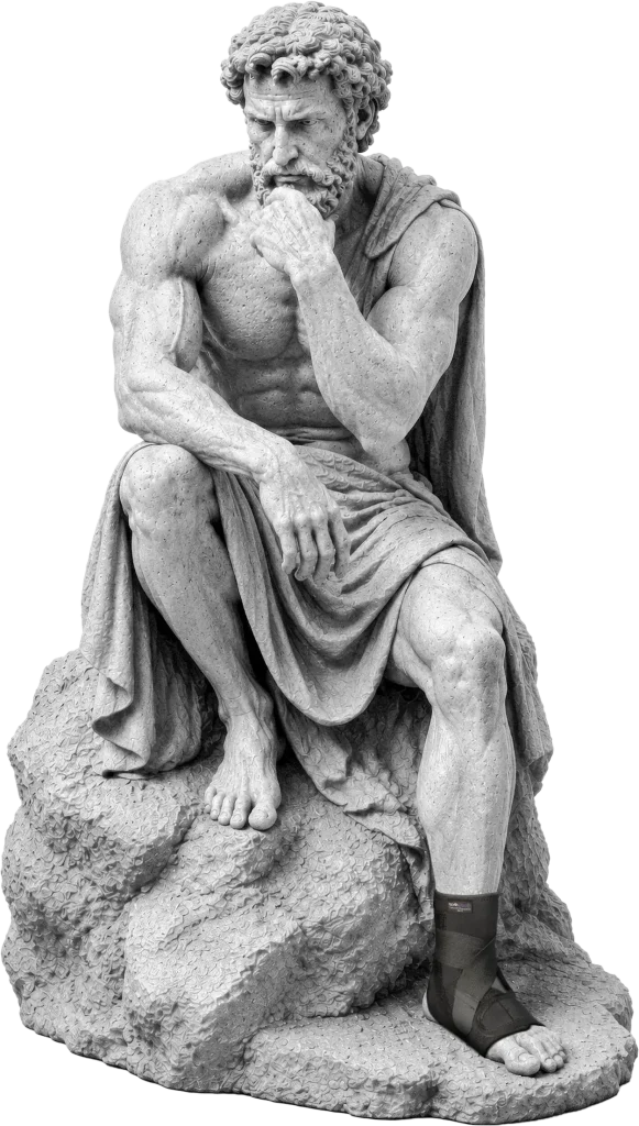 Bodymap Elastic Ankle Support worn on a classical statue