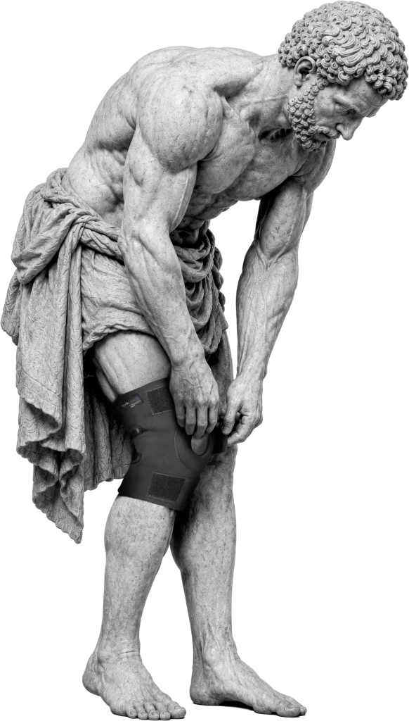 Bodymap Neoprene Knee Wrap worn on a classical statue
