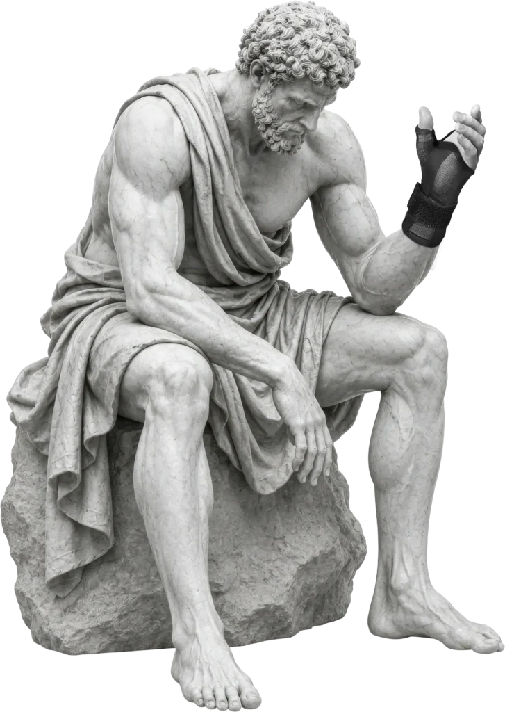 Bodymap Neoprene Wrist & Thumb Splint worn on a classical statue