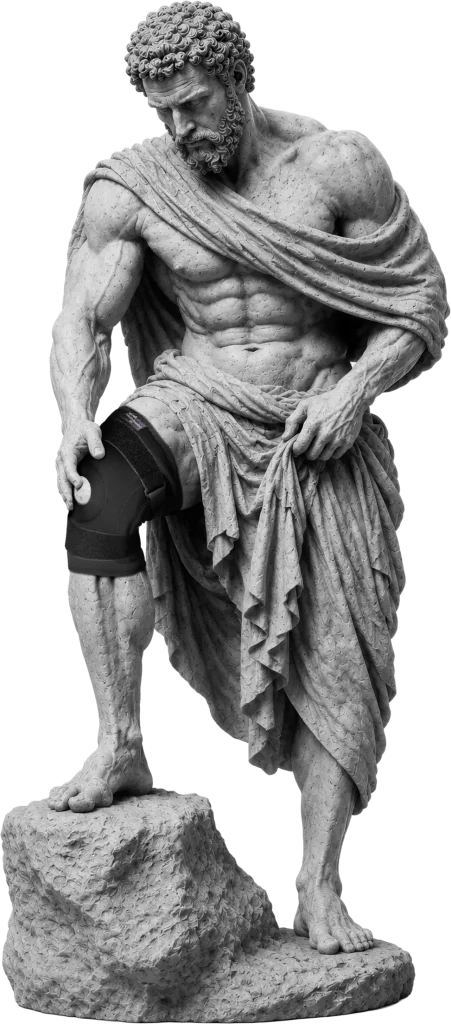 Bodymap Open-Patella Neoprene Knee Stabilizer worn on a classical statue