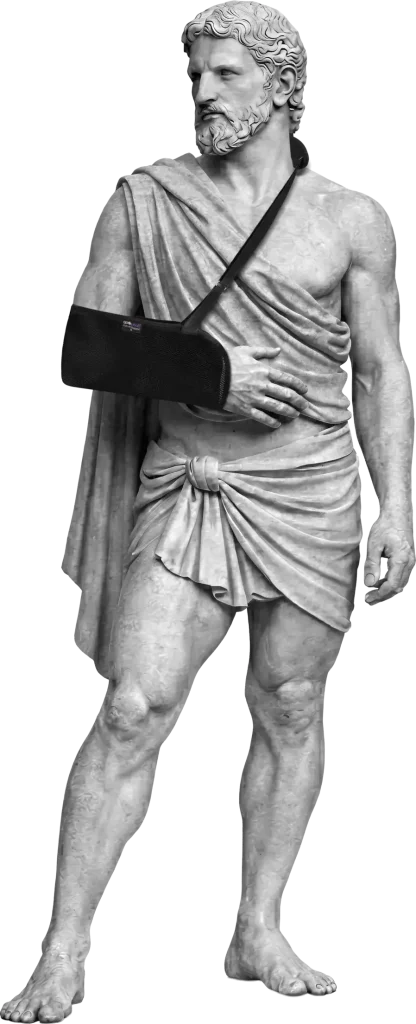 Bodymap Pouch Arm Sling worn on a classical statue