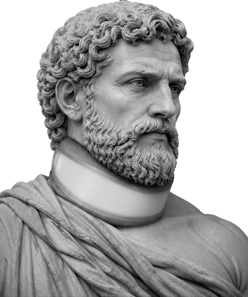 Bodymap Semi-Rigid Cervical Collar worn on a classical statue