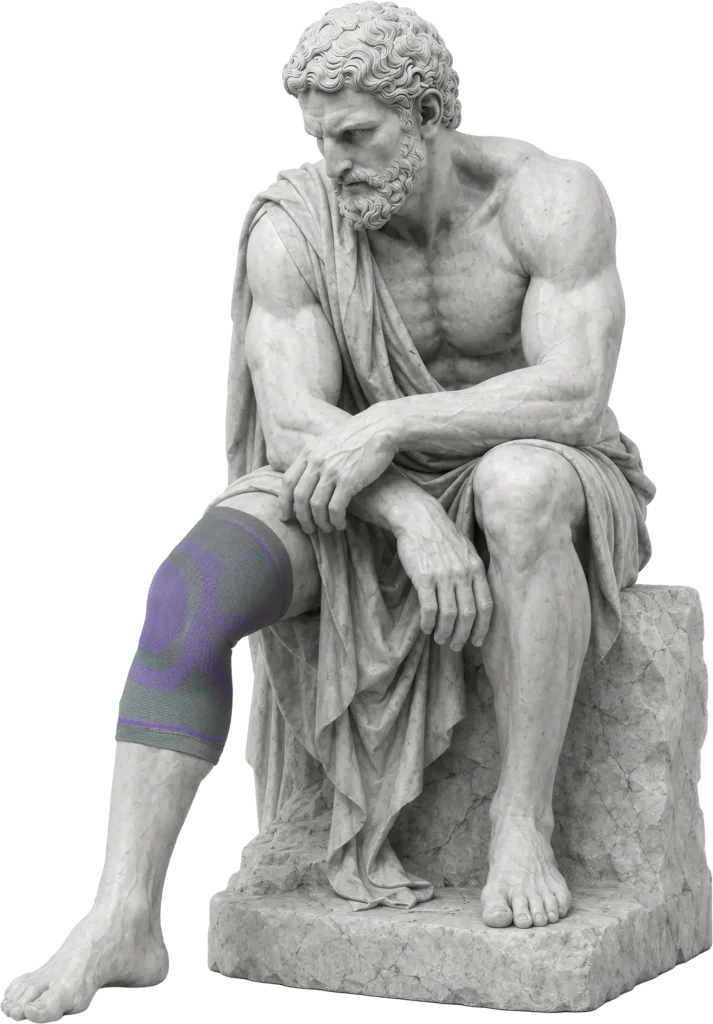Bodymap Zoned Knitted Knee Support worn on a classical statue