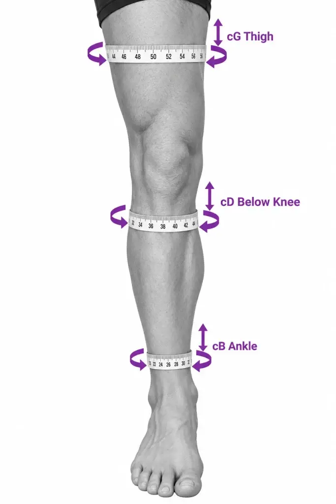 Three measuring tapes on one leg, at the thigh, below the knee and above the ankle
