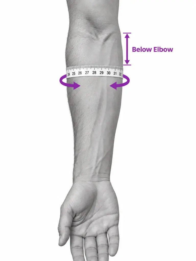A measuring tape wrapped around the upper forearm below the elbow