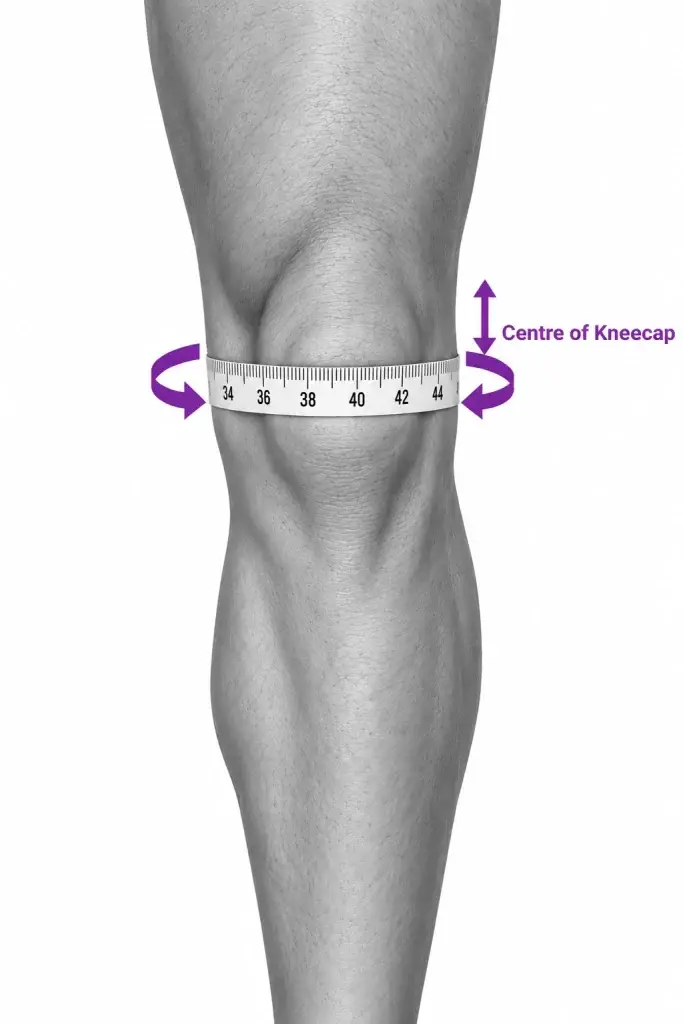 A measuring tape wrapped around the knee across the centre of the kneecap